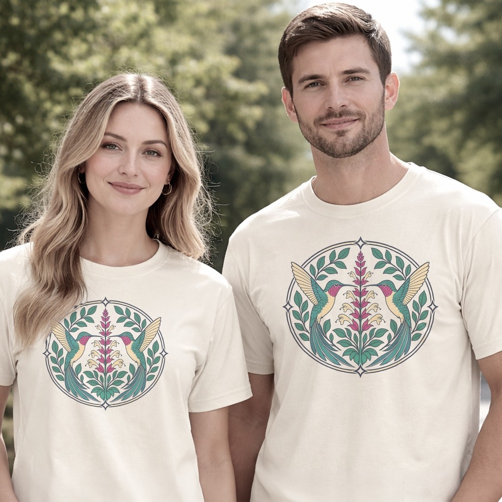Hummingbirds Facing Across a Floral Medallion Tee